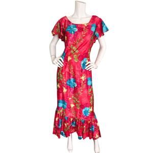 Vintage 60's South Seas Hawaiian Floral Fishtail Maxi Dress Tiki Polynesian S/M
